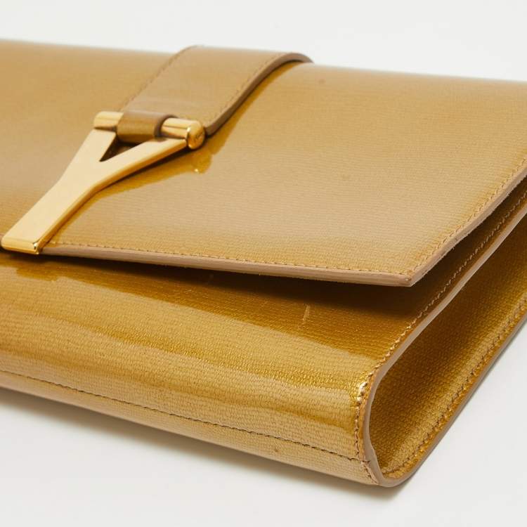 Pre Owned Yves Saint Laurent Gold Patent Y Line Flap Clutch