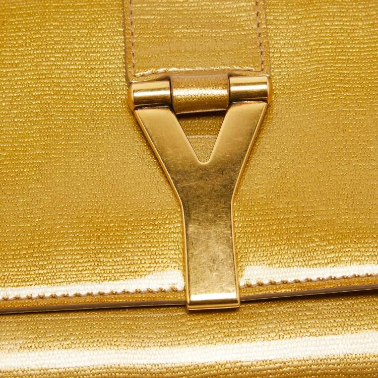 Pre Owned Yves Saint Laurent Gold Patent Y Line Flap Clutch