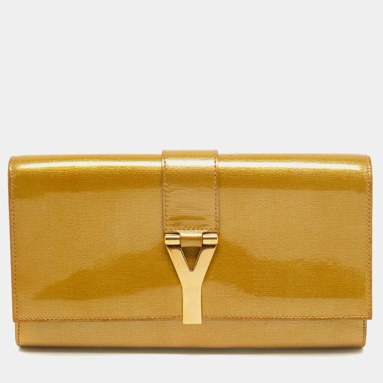 Pre Owned Yves Saint Laurent Gold Patent Y Line Flap Clutch