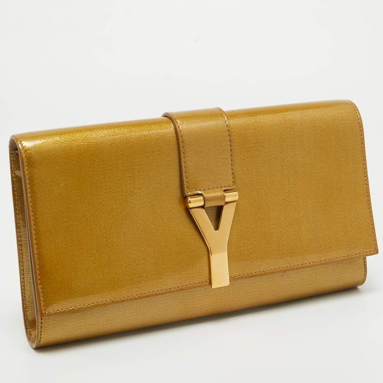 Pre Owned Yves Saint Laurent Gold Patent Y Line Flap Clutch