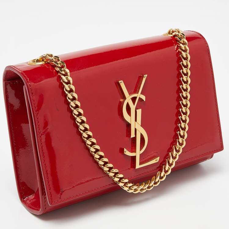 Pre Owned Saint Laurent Red Patent Leather Small Monogram Kate Chain Bag
