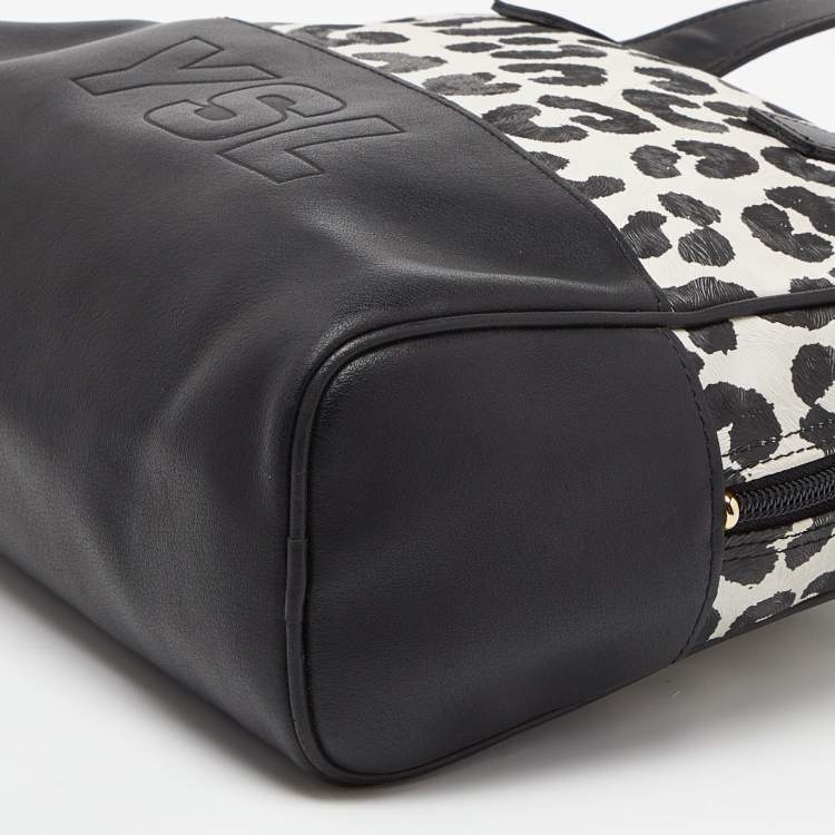 Pre Owned Yves Saint Laurent Black/White Leopard Print Coated Canvas and Leather Satchel