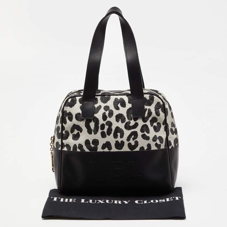 Pre Owned Yves Saint Laurent Black/White Leopard Print Coated Canvas and Leather Satchel