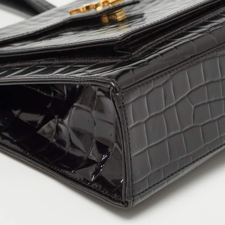 Pre Owned Yves Saint Laurent Black Shine Croc Embossed Leather Tote
