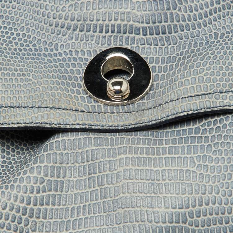 Pre Owned Yves Saint Laurent Blue Croc Embossed Leather and Suede Large Muse Two Top Handle Bag
