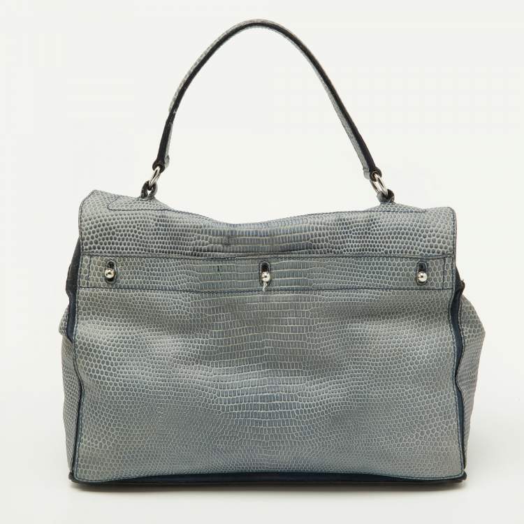 Pre Owned Yves Saint Laurent Blue Croc Embossed Leather and Suede Large Muse Two Top Handle Bag