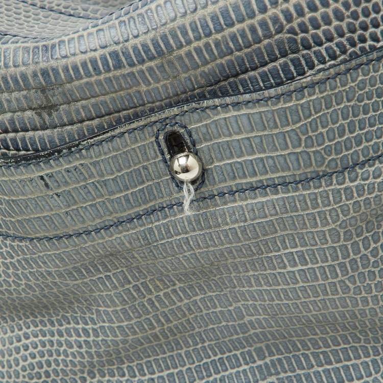 Pre Owned Yves Saint Laurent Blue Croc Embossed Leather and Suede Large Muse Two Top Handle Bag