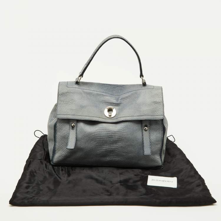 Pre Owned Yves Saint Laurent Blue Croc Embossed Leather and Suede Large Muse Two Top Handle Bag