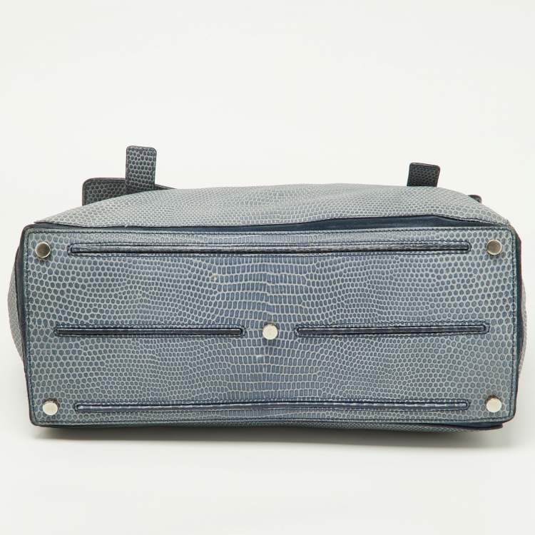 Pre Owned Yves Saint Laurent Blue Croc Embossed Leather and Suede Large Muse Two Top Handle Bag