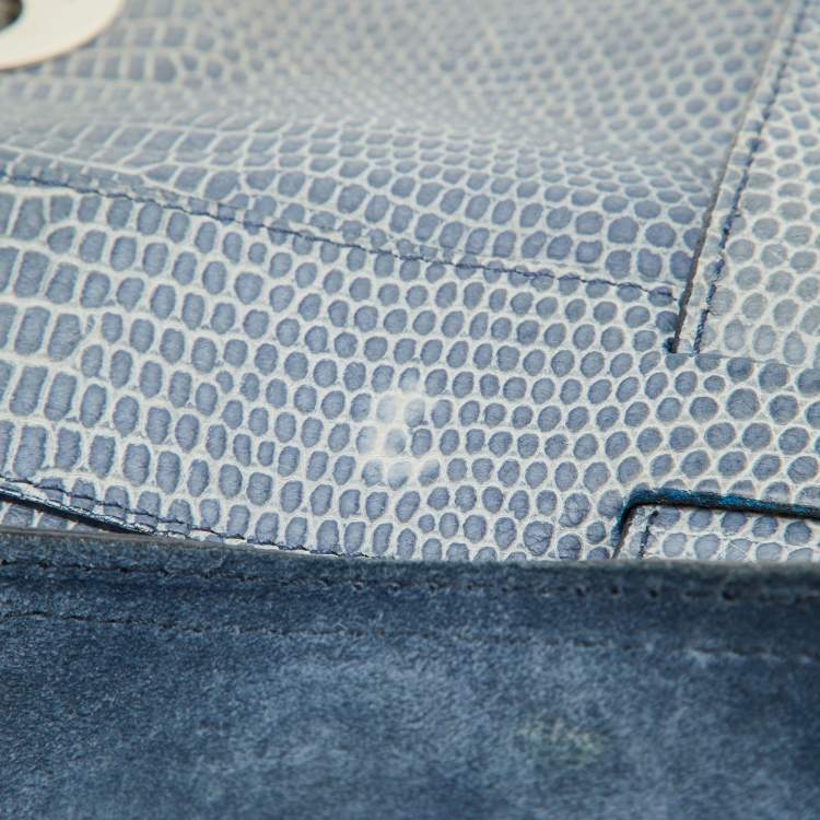 Pre Owned Yves Saint Laurent Blue Croc Embossed Leather and Suede Large Muse Two Top Handle Bag