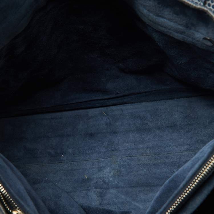 Pre Owned Yves Saint Laurent Blue Croc Embossed Leather and Suede Large Muse Two Top Handle Bag