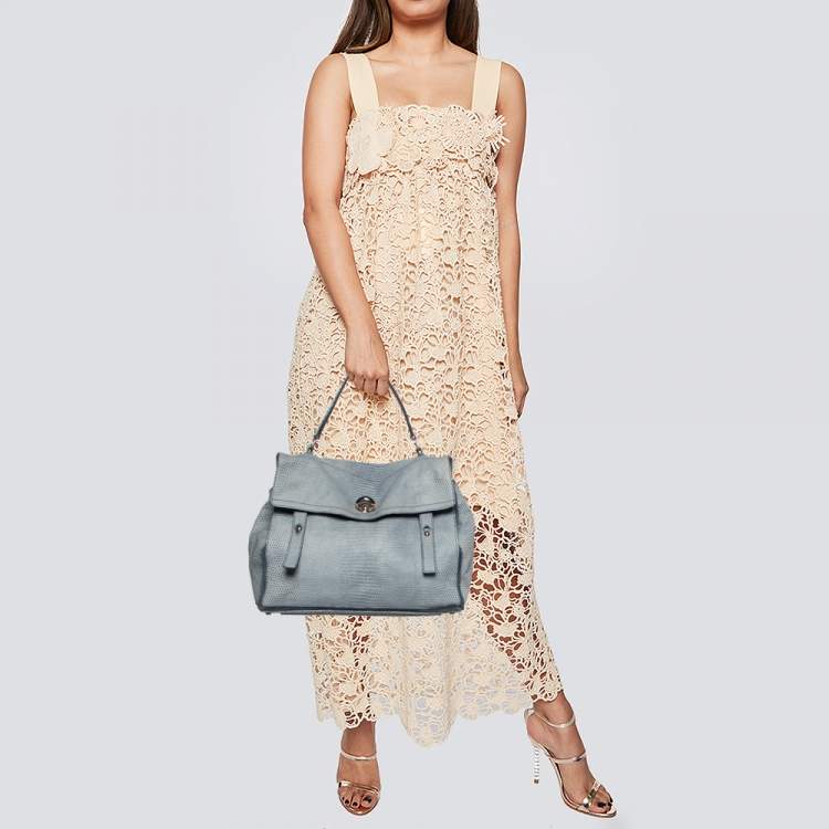 Pre Owned Yves Saint Laurent Blue Croc Embossed Leather and Suede Large Muse Two Top Handle Bag