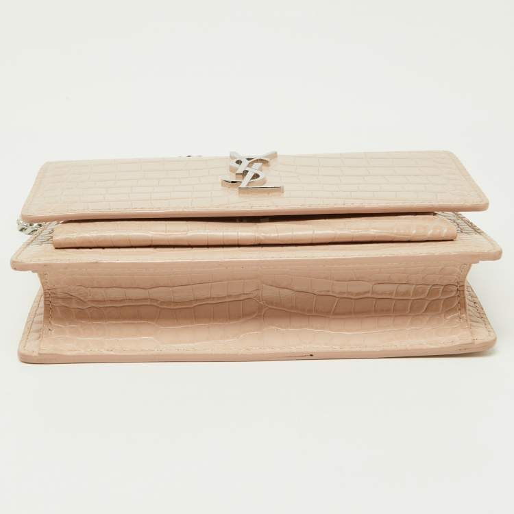 Pre Owned Saint Laurent Pink Croc Embossed Leather Sunset Wallet On Chain
