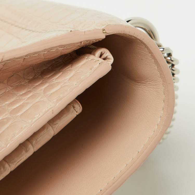 Pre Owned Saint Laurent Pink Croc Embossed Leather Sunset Wallet On Chain
