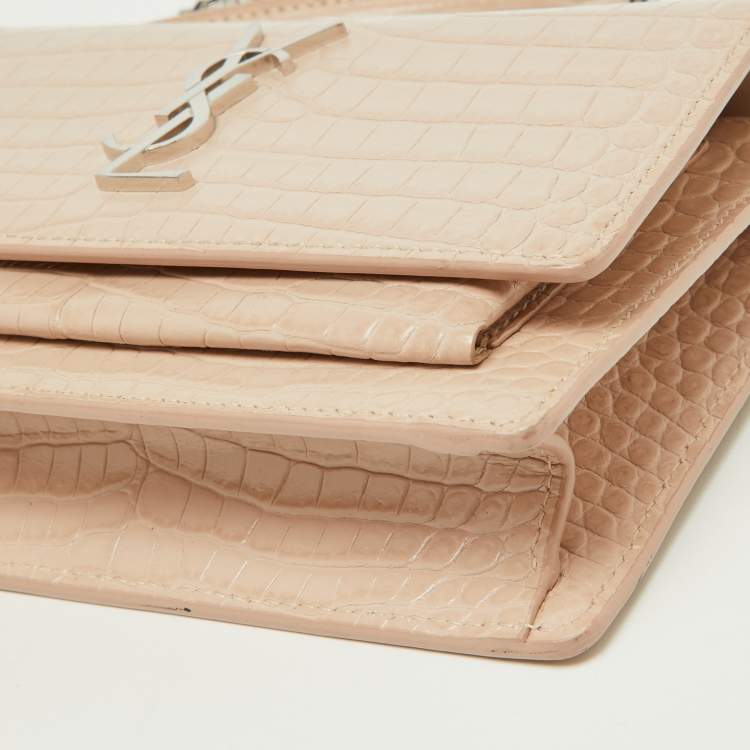 Pre Owned Saint Laurent Pink Croc Embossed Leather Sunset Wallet On Chain