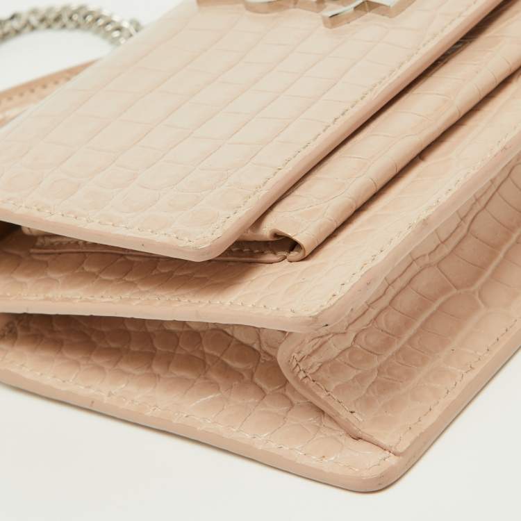 Pre Owned Saint Laurent Pink Croc Embossed Leather Sunset Wallet On Chain
