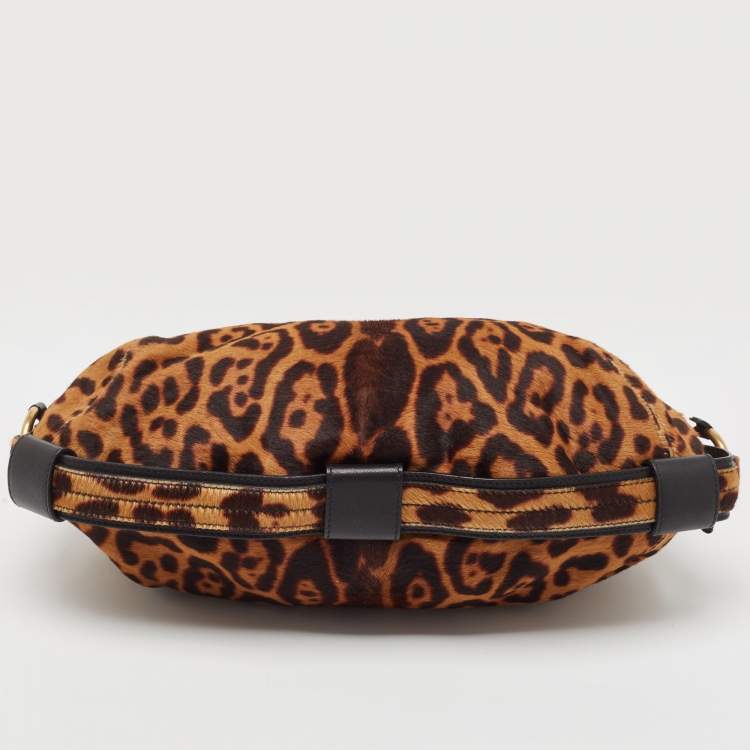 Pre Owned Yves Saint Laurent Black/Brown Leopard Print Calf Hair Hobo