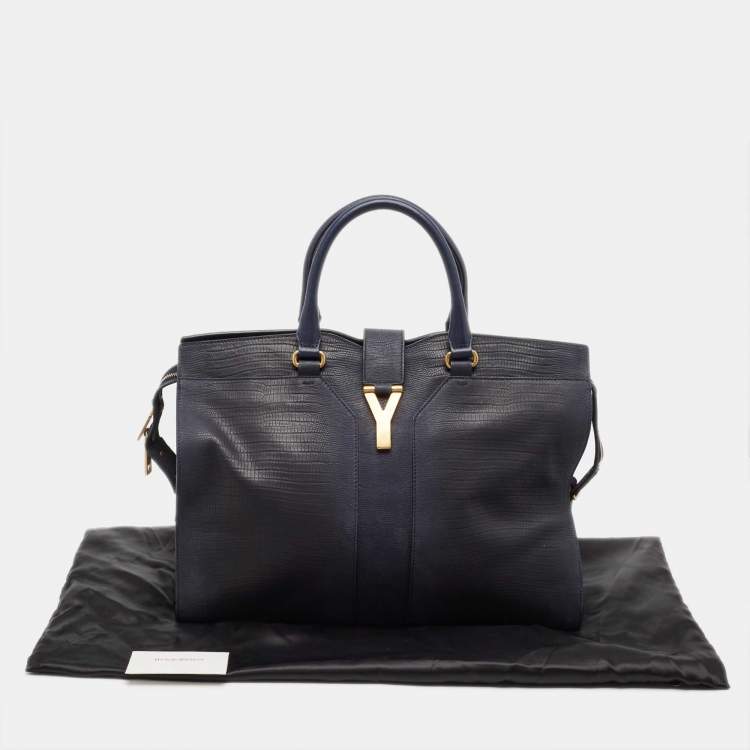 Pre Owned Yves Saint Laurent Navy Blue Lizard Embossed Leather Large Cabas Chyc Tote
