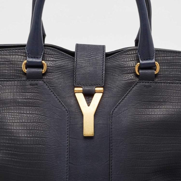 Pre Owned Yves Saint Laurent Navy Blue Lizard Embossed Leather Large Cabas Chyc Tote