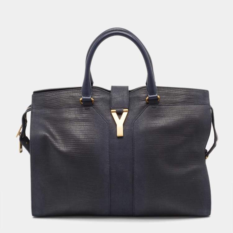 Pre Owned Yves Saint Laurent Navy Blue Lizard Embossed Leather Large Cabas Chyc Tote