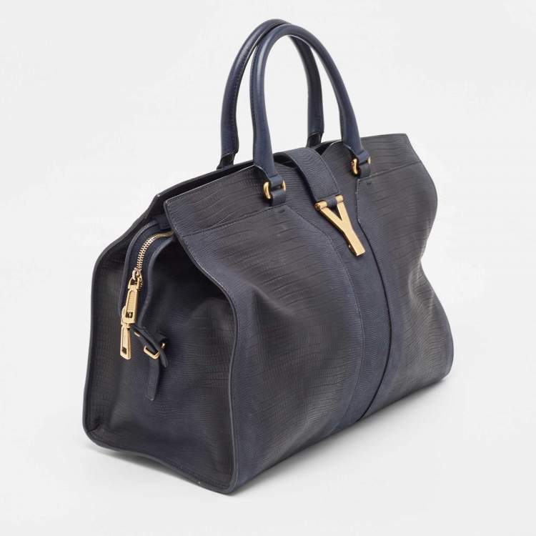 Pre Owned Yves Saint Laurent Navy Blue Lizard Embossed Leather Large Cabas Chyc Tote