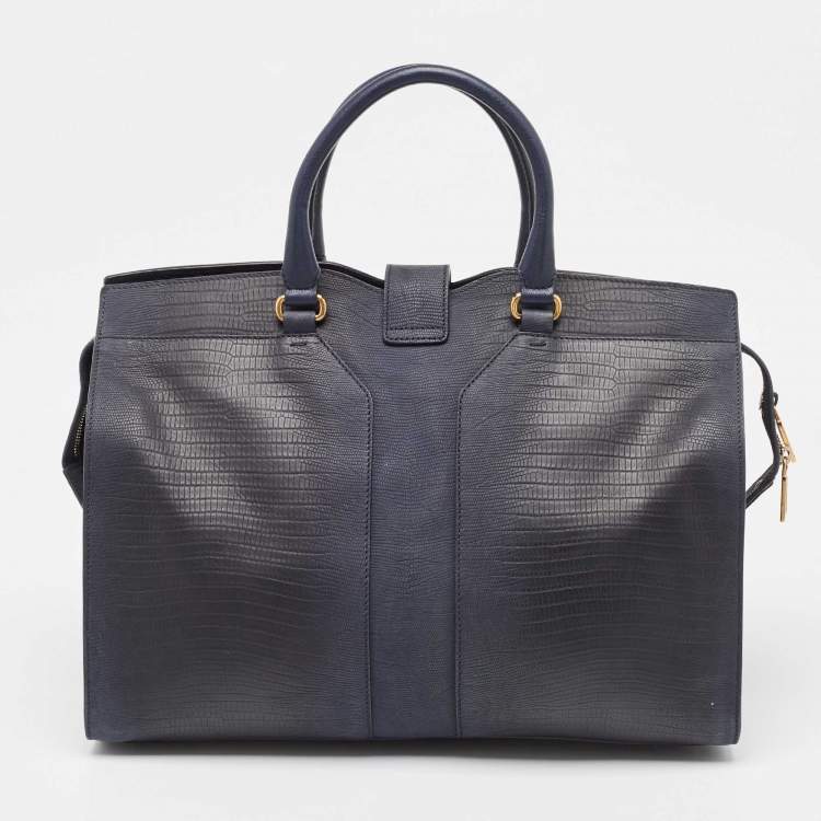 Pre Owned Yves Saint Laurent Navy Blue Lizard Embossed Leather Large Cabas Chyc Tote