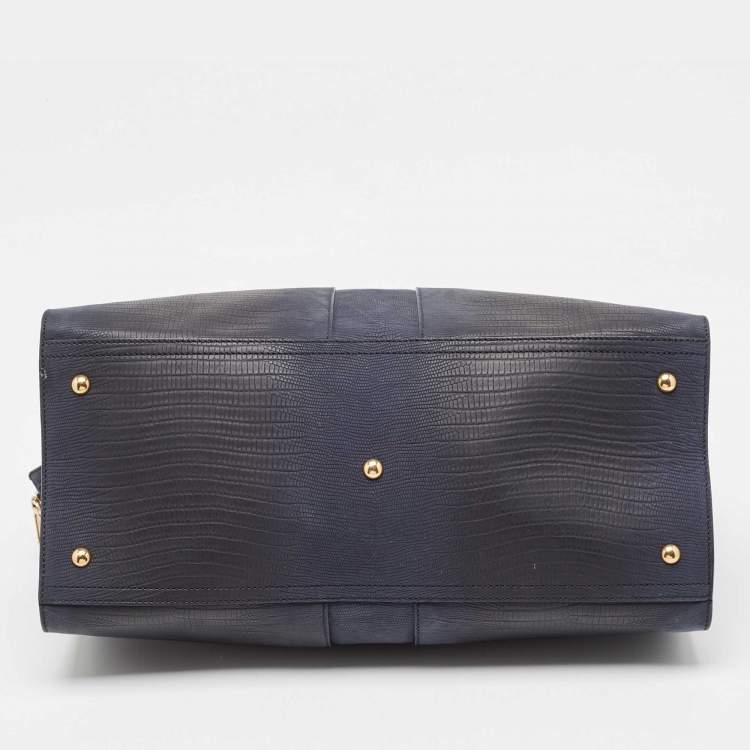 Pre Owned Yves Saint Laurent Navy Blue Lizard Embossed Leather Large Cabas Chyc Tote