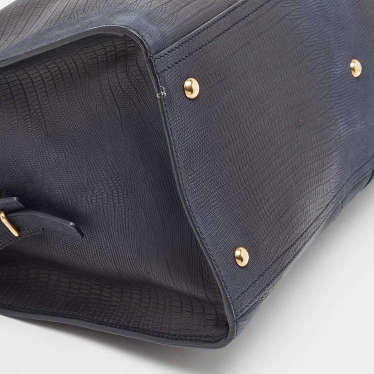 Pre Owned Yves Saint Laurent Navy Blue Lizard Embossed Leather Large Cabas Chyc Tote