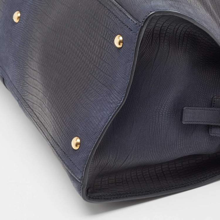 Pre Owned Yves Saint Laurent Navy Blue Lizard Embossed Leather Large Cabas Chyc Tote