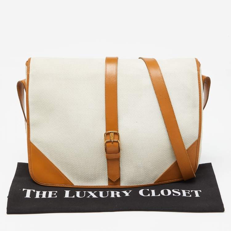 Pre Owned Yves Saint Laurent Off White/Tan Canvas and Leather Vintage Shoulder Bag