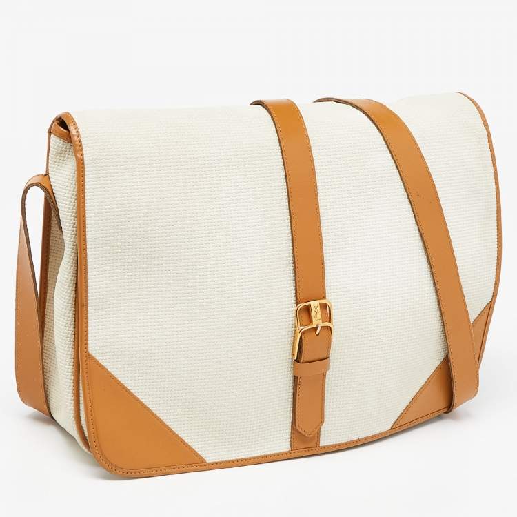 Pre Owned Yves Saint Laurent Off White/Tan Canvas and Leather Vintage Shoulder Bag