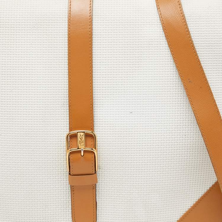 Pre Owned Yves Saint Laurent Off White/Tan Canvas and Leather Vintage Shoulder Bag