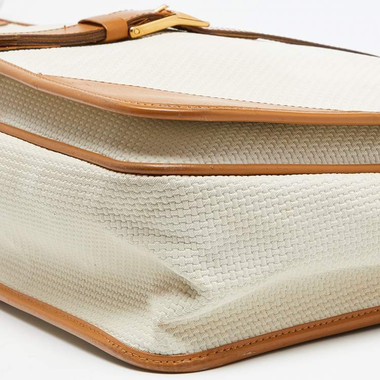 Pre Owned Yves Saint Laurent Off White/Tan Canvas and Leather Vintage Shoulder Bag