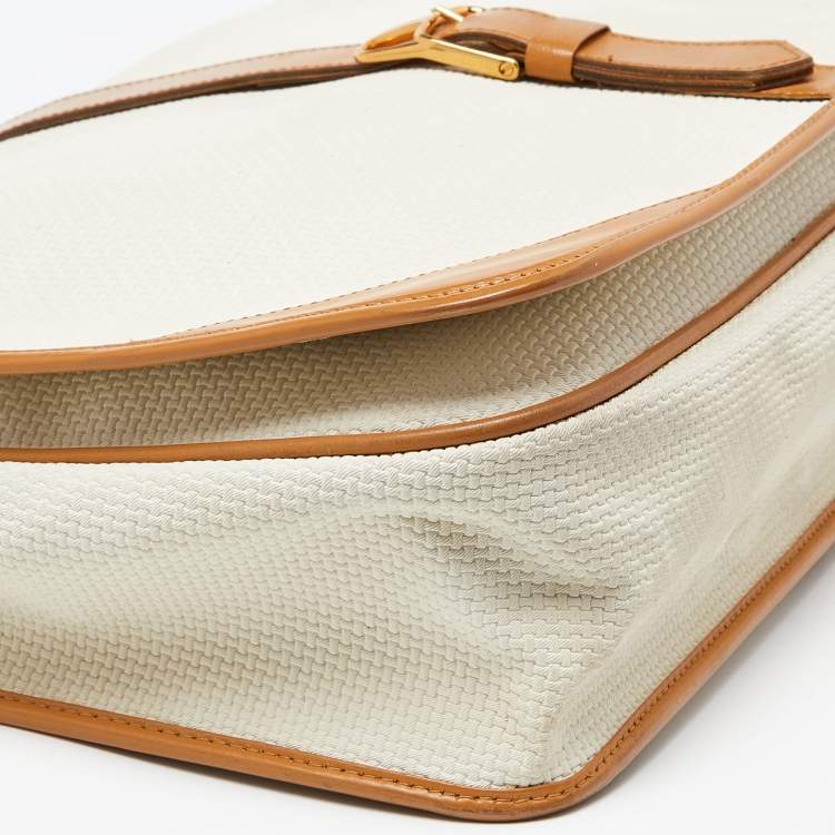 Pre Owned Yves Saint Laurent Off White/Tan Canvas and Leather Vintage Shoulder Bag