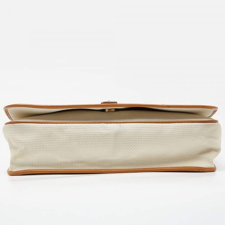 Pre Owned Yves Saint Laurent Off White/Tan Canvas and Leather Vintage Shoulder Bag