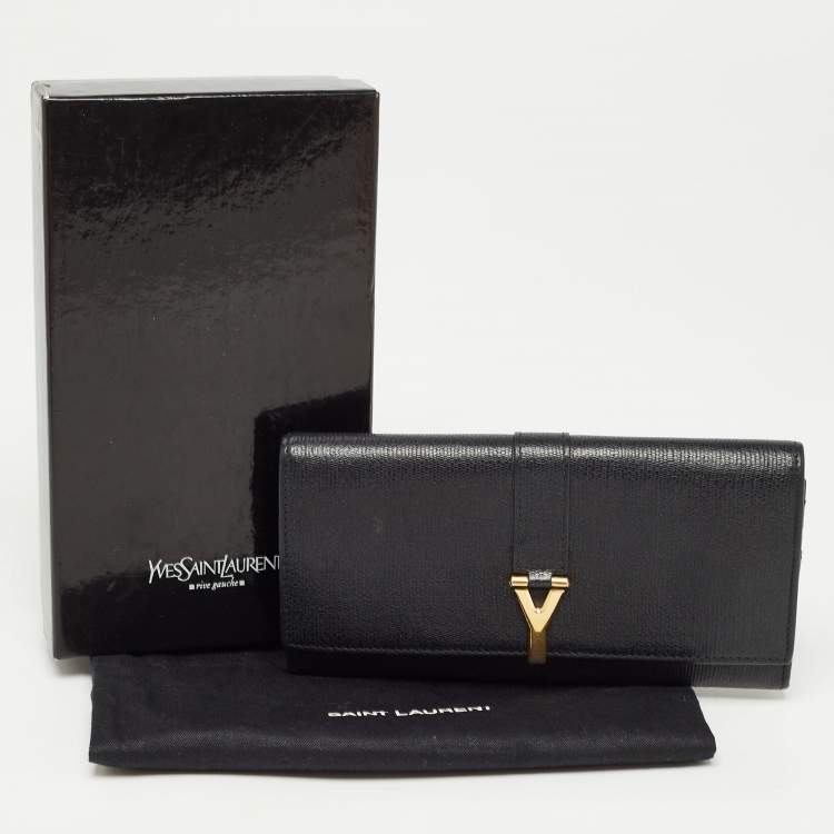 Pre Owned Yves Saint Laurent Black Leather Y Line Flap Continental Wallet