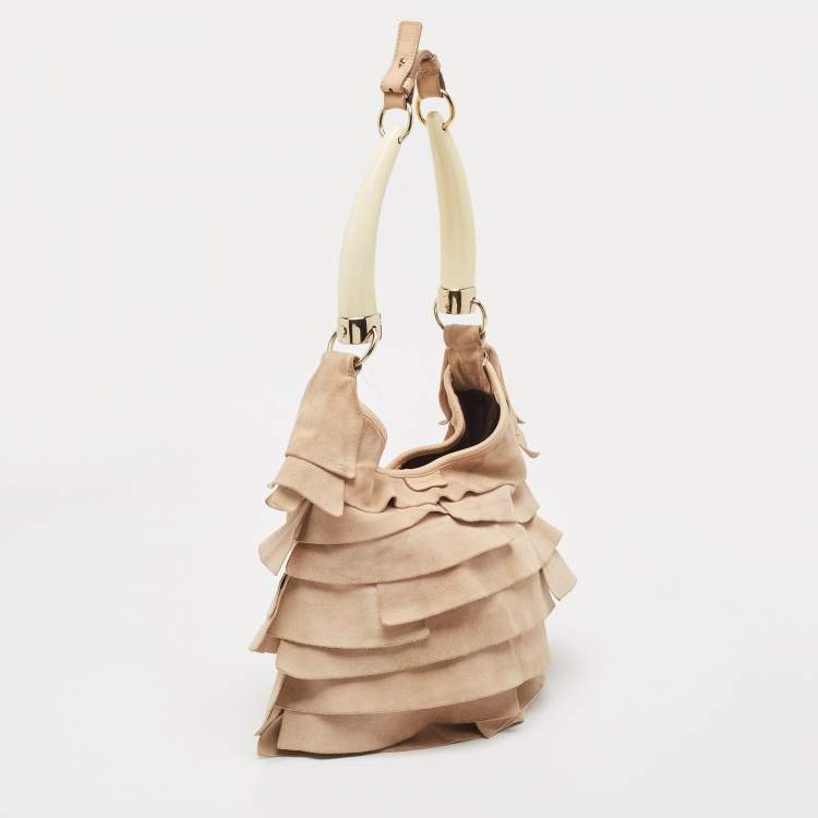 Pre Owned Yves Saint Laurent Light Beige Suede Small St. Tropez Double Horn Hobo