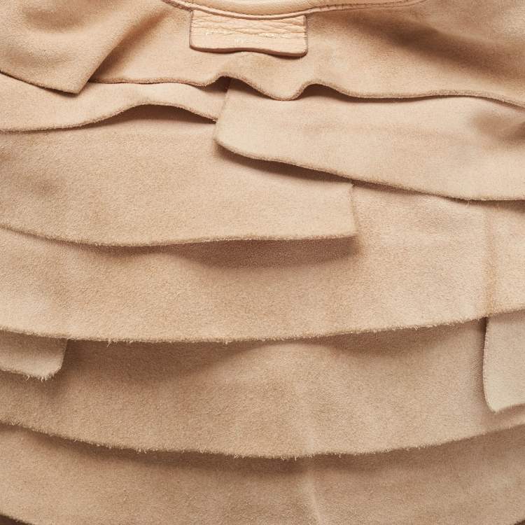 Pre Owned Yves Saint Laurent Light Beige Suede Small St. Tropez Double Horn Hobo