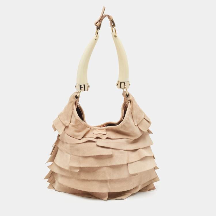 Pre Owned Yves Saint Laurent Light Beige Suede Small St. Tropez Double Horn Hobo