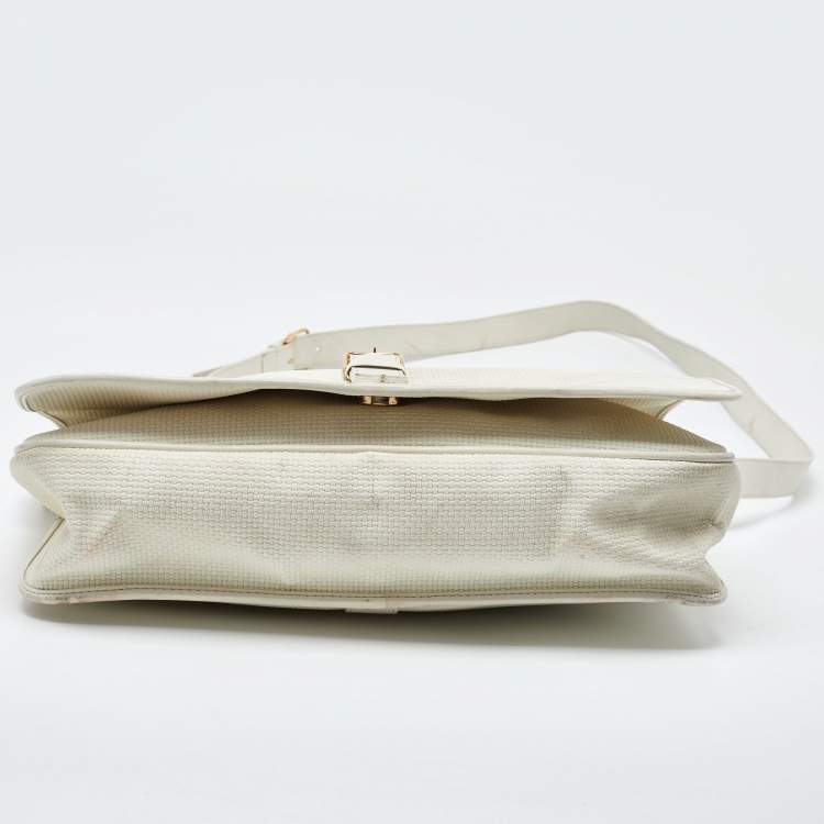 Pre Owned Yves Saint Laurent White Woven Embossed Leather Buckle Flap Messenger Bag