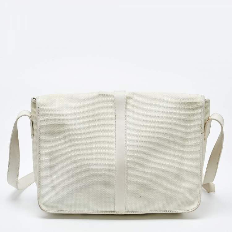Pre Owned Yves Saint Laurent White Woven Embossed Leather Buckle Flap Messenger Bag