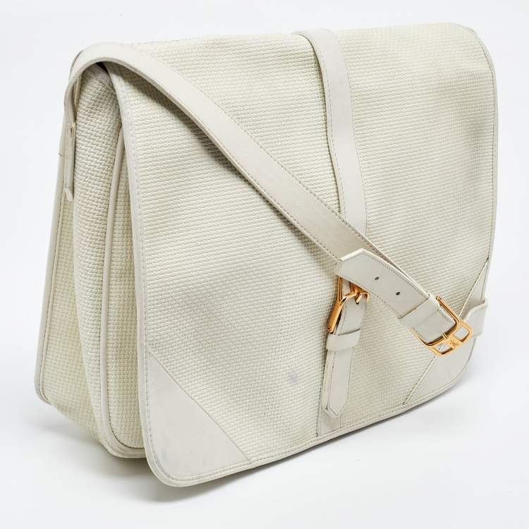 Pre Owned Yves Saint Laurent White Woven Embossed Leather Buckle Flap Messenger Bag
