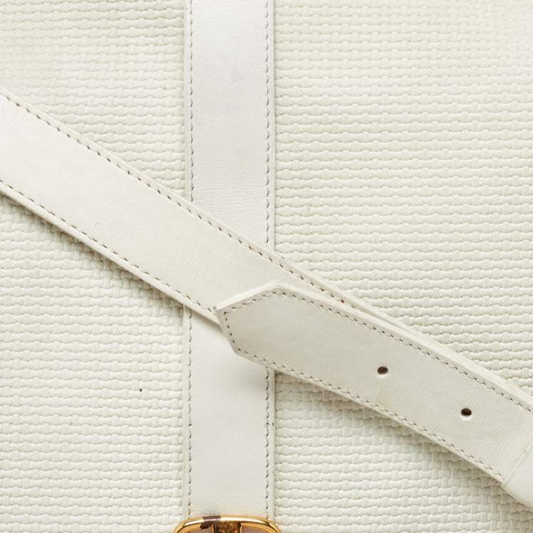 Pre Owned Yves Saint Laurent White Woven Embossed Leather Buckle Flap Messenger Bag