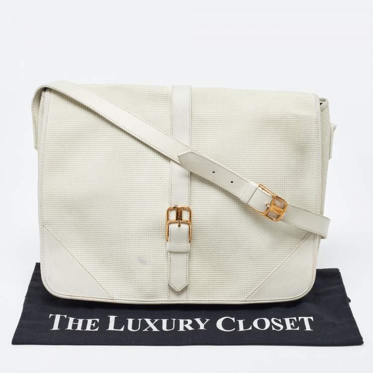 Pre Owned Yves Saint Laurent White Woven Embossed Leather Buckle Flap Messenger Bag