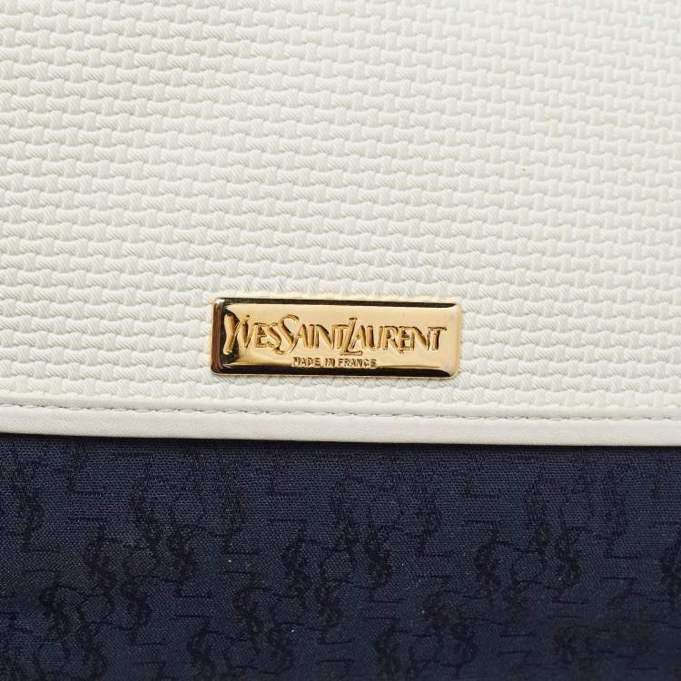 Pre Owned Yves Saint Laurent White Woven Embossed Leather Buckle Flap Messenger Bag