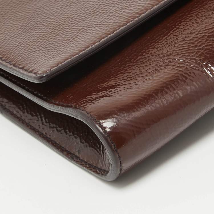 Pre Owned Yves Saint Laurent Dark Brown Patent Leather Belle De Jour Flap Clutch