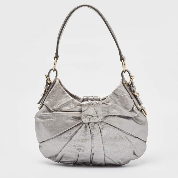 Pre Owned Yves Saint Laurent Metallic Leather Pleated Bow Hobo