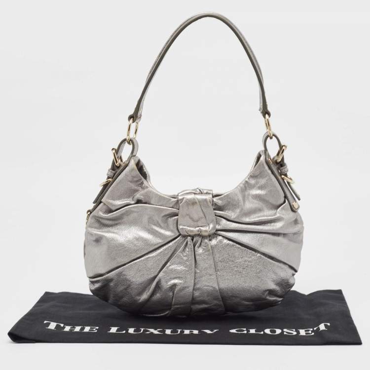 Pre Owned Yves Saint Laurent Metallic Leather Pleated Bow Hobo