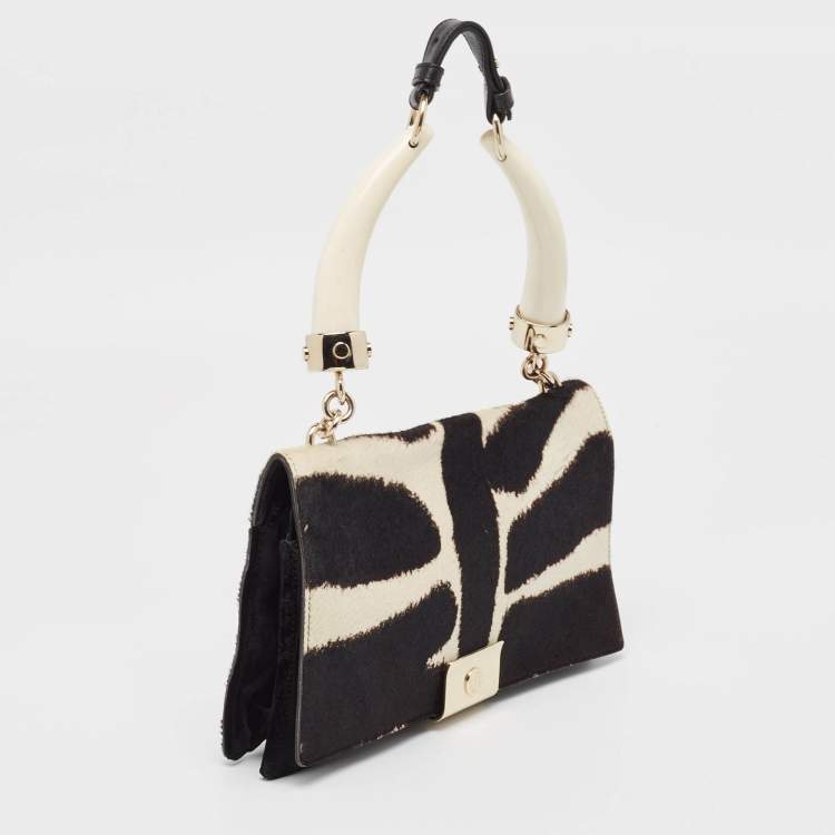 Pre Owned Yves Saint Laurent Black/White Zebra Print Calfhair and Leather Mombasa Double Bag