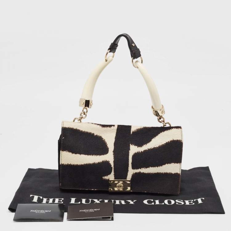Pre Owned Yves Saint Laurent Black/White Zebra Print Calfhair and Leather Mombasa Double Bag